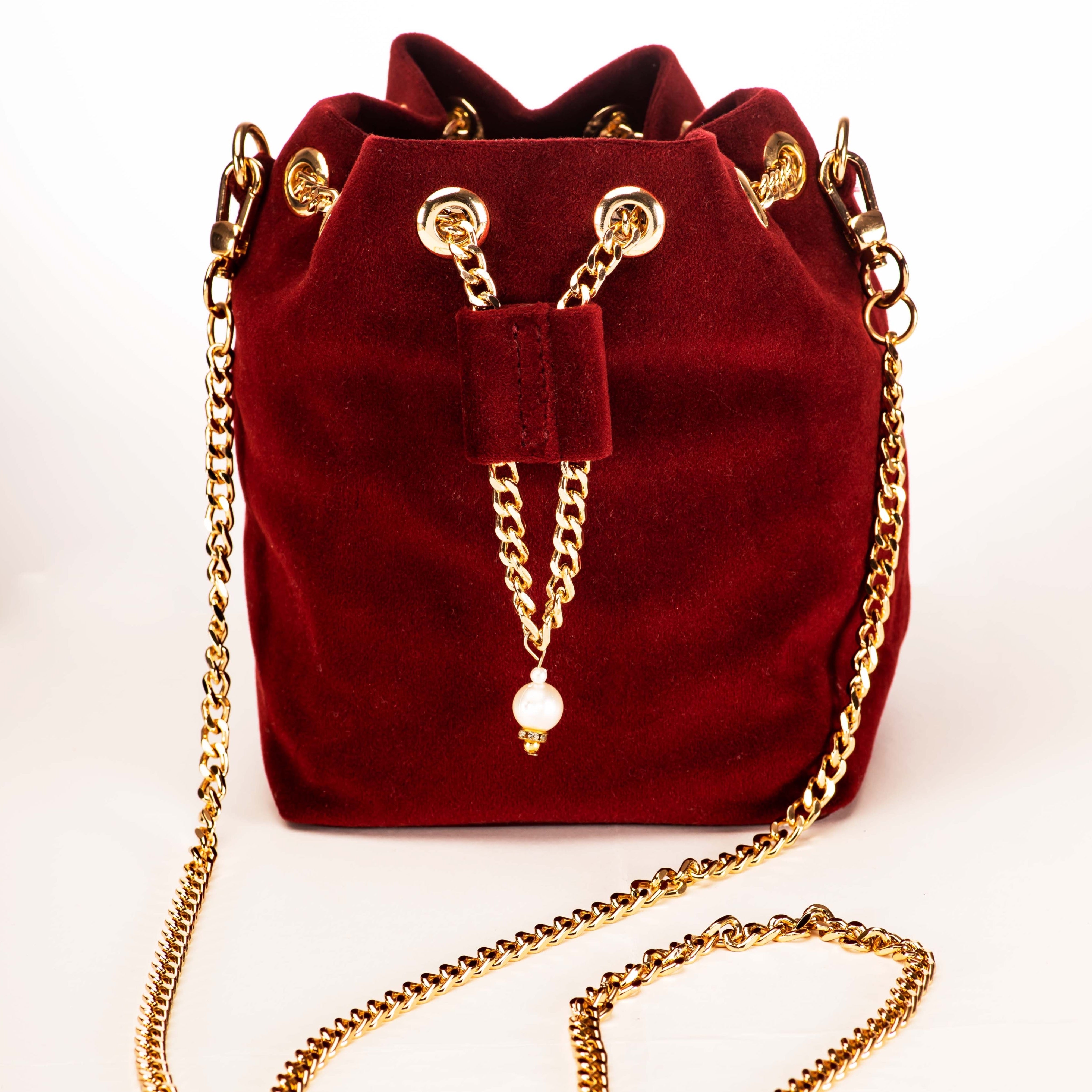 Luxe velvet bucket bag Potli in Maroon Transitree